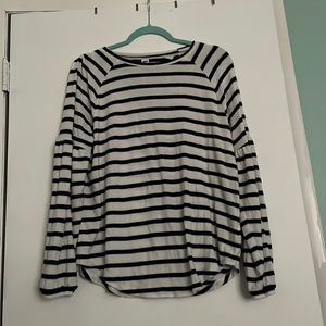Navy blue and white striped cozy blouse with bubble sleeves. Gently worn